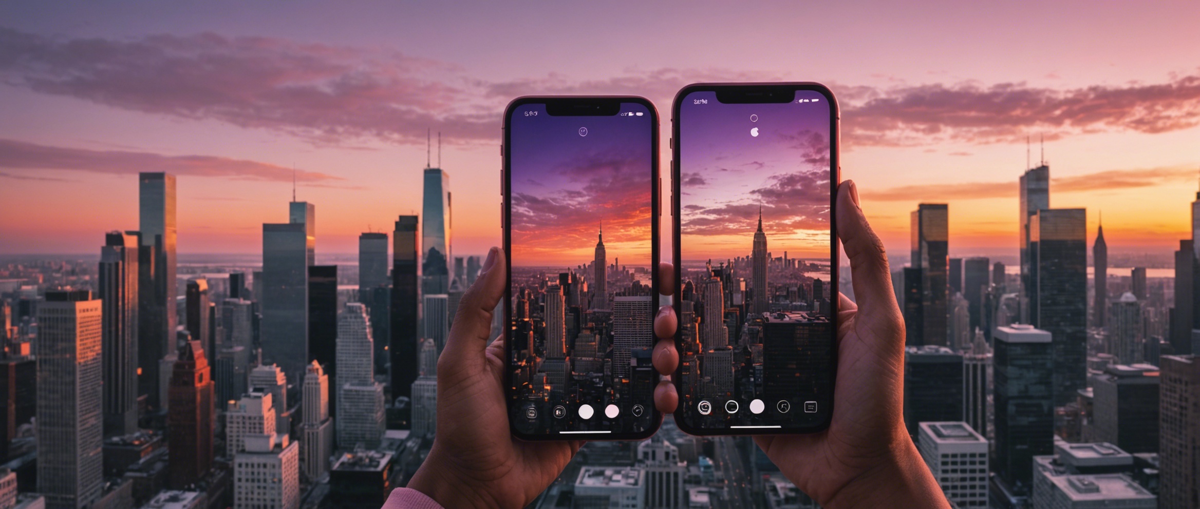 Руки держат iPhone 13 Pro Max и фотографируют потрясающий городской закат 